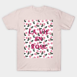 La Vie En Rose - Pink Vintage Roses on White T-Shirt